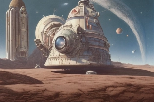 Homage to 1950s Old Time Science Fiction Illustration of Space Travel. 4k, UHD, HDR, ground level. style of Bruce Pennington. Camera: Kodak Master View 8x10. Lens: Fujinon C 240mm f/9. Film: Kodak Ektar 100. --no desert, --no rocks, --no uncanny valley, --no text