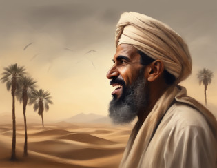 Man, Muslim, wearing kondura beige, desert background, palm trees, left right side, shouting,  frustrated face, high res, ultrasharp, 8k, looking at right side, advance in aged, sephia color, grey bearded