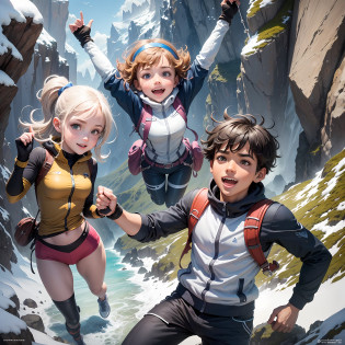 Three inseparable friends, two boys and a girl, live exciting adventures together in an imaginary world. They explore enchanted forests, snowy mountains and sunny beaches, always with lots of fun and laughter along the way. The white guy is a tech genius, always inventing amazing gadgets and creative solutions to the problems they face. The black boy is a talented athlete, running, jumping and climbing with ease, while the brunette girl is a talented artist, painting and drawing everything she sees. Together, they take on dangerous villains, solve intriguing mysteries, and help those in need. With colorful, high-quality illustrations in 8k, the adventures of these three friends are so exciting and fun that they'll leave kids wanting more. --auto --s2
