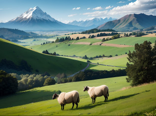 there are two sheep standing in a field with a mountain in the background, rolling green hills, new zealand landscape, lush countryside, rolling hills, rolling foothills, with rolling hills, lush farm lands, lovely valley, lush valley, lush scenic landscape, trees in the grassy hills, overlooking a valley with trees, new zeeland, countryside, country landscape, middle earth landscape