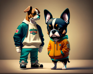 Anthropomorphic standing boston terrier dog character created by line friends brand + jamie hewlett, wearing streetwear in the style of isle of dog, stop motion, detailed fur, Wes Anderson --auto