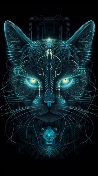 Cyberpunk Portrait of adorable cat, symmetric features, listening to music with earpod, electric arks around, by Hokusai and James Gurney, Black paper with intricate and vibrant emerald line work, Tarot Card, Mandelbulb Fractal, Full of silver layers::5 Fiberoptic neuron design on a black background::4 neon colors, cyan, white, purple, beautiful, intricut, stylized, ornate, glowing, magical, mystical, electricity, Maya Rending Software, by Stanley Artgerm Lau, gorgeous design::3 gross, messy, dull, dim::-2