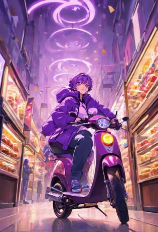 cartoon)Homem center foods em uma scooter, carregando uma mochila roxo, iluminado, entregando caixa de parsel, muito profissional, delivering mail, ? ? ?? ? :2, Entrega de comida, Afp, Jovem em um capuz roxo, iluminada, imagem de alta qualidade, advertising photo, last photo, Purple jacket, imagem de alta qualidade, Upload de alta qualidade, Transform into inlusction