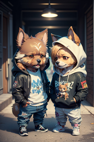 C4tt4stic,Wear trendy hip-hop clothes, Wearing a hoodie, Graphic t-shirt and ripped jeans cartoon of two cool and trendy dogs talking to each other?Dog breed Yorkshire Terrier?Detailed appearance of the Yorkshire Terrier?and breed Chihuahua?Detailed appearance of the Chihuahua?
