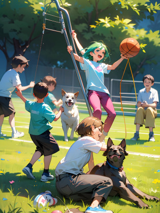 (best quality,4k,8k,highres,masterpiece:1.2),ultra-detailed,(realistic,photorealistic,photo-realistic:1.37),children playing in playground,happy atmosphere,dog running around,beautiful day,joyful laughter,kids swinging on swings,sliding down slides,climbing on jungle gyms,carousel spinning,merry-go-round music,sticky cotton candy,sunshine filtering through trees,colorful balloons,flying kites in the sky,friends playing hopscotch,excited shouts and giggles,friendly competition on basketball court,skateboard tricks and flips,parents watching with smiles,freshly cut green grass,cheerful children's outfits,carefree and innocent moments,dog happily chasing a ball,jump rope songs and rhymes,playful imagination and creativity,tire swing swinging high,tumbling and rolling on the grass,inhaling the refreshing scent of flowers,ice cream truck melody in the distance,lively and energetic playtime,playground equipment shining brightly,joyful memories in the making,playful and friendly atmosphere,memorable and fun-filled day. --auto --s2