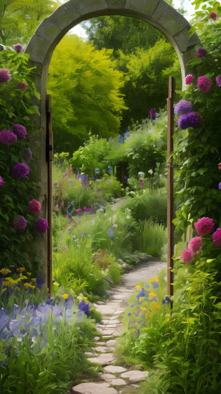 doorway to a field of wild flowers and a path through it, near a stone gate, cottagecore, cottagecore flower garden, in a cottagecore flower garden, overgrown with flowers, delightful surroundings, portal to another world, nature and floral aesthetics, walking out of a the havens gate, overgrown place