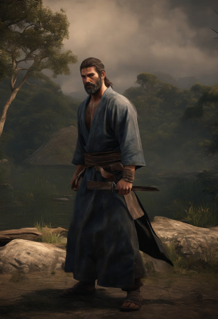 ninja homem, corpo masculino, vestido, roupa larga, roupa samurai, tecido japones, kimono preto com detalhes azuis, capuz ninja, Tattoos on the arm, machucados pelo corpo, mascara ninja, roupa ninja, olhos azuis, with water in the background (maior qualidade) 

 (estilo the last of us)