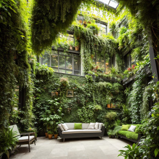 ultra hyper realistic award winning inside indoors a small room indoors closeup falling gardens flowering vines whimsical green abstract modern curvy wavy shape archways organic layered textures with large circular moss balls on floor and walls green grass floor of versus sizes growing on the side with very small tiny windows seeing skyscrapers of NewYork city outside people walking around, people sitting down reading dramatic, dark, sharp focus, 8k