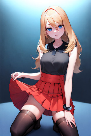?masterpiece, top-quality, Hi-Res, blue eyess, Serena\(A pok�mon\), 1girl in, ??, thighs thighs thighs thighs, length hair, jewely, A bracelet, black thighhighs, shirt with collar, pleatedskirt, a red skirt, Sleeveless, high waist skirt, sleeveless shirts, Eye lashes, Black shirt,, cowboy  shot, deph of field,(((Empty eyes)))?(((lift up one's skirt)))?(Kneeling)