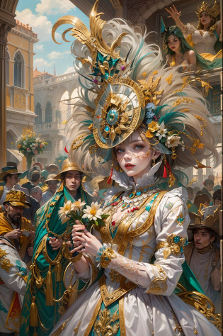 (Masterpiece, Best Quality, Hyperdetailed, Colorful), the enchanting world of the Venice Carnival. Envision a woman character elegantly dressed in a resplendent costume, a harmonious blend of colors, textures, and traditional Venetian motifs. Her white bauta mask conceals her identity, and she stands amidst a sea of similarly adorned carnival-goers. The scene is alive with the opulence and extravagance of the carnival, making it a feast for the eyes. Intricate details, high_res