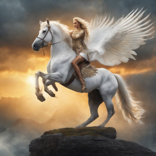 The image shows a determined queen of elves riding atop a magnificent white winged stallion through the bright, white sky. The queen's long, flowing hair glows in the sunlight as she utilizes her incredible power to shape flames with her bare hands. The stallion's wings stretch out majestically behind them as they soar through the clouds, leaving a trail of white mist in their wake. The overall effect is one of strength, power, and magic, as the queen confidently and fearlessly rides through the sky, reigning over her kingdom of elves below.