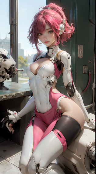 sitting, ruined city background, pink color, head and full body and full legs, Extremely cute human eighteen year old girl face, human torso, human huge boobs, human abdomen, human hips, human arms, mechanical legs, arms and legs with hard white shiny shell and black joints, very beautiful and feminine, short, petite, small, small, busty buttocks, medium bust, cleavage display, flat belly display, partial helmet with antenna on the ear, black robot joints, very stylish, award-winning product design, black rubber tights, The shiny white metal breastplate opens at the cleavage and abdomen, the white metal buttocks are wrinkled, and the armor has stylish, glowing trims