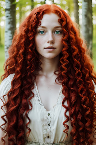 (((long fluffy curly red hair))) face portrait of An extremely Beautiful young Woman, pale skin, green eyes, freckle,  Scottish, archer, traditional scottish dress, Birch forest, 
gritty sharp focus, intricate, 
watercolor,
