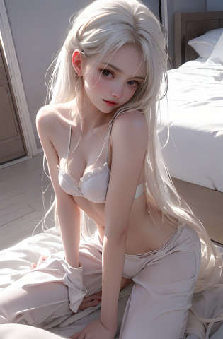 White tones?white colors?Sexy girl nipple?from back?Face away from the camera?Butt to the camera?Tummy down?bent down?Lie down?With a petite figure?little body?slimfigure?Slim?teens girl?Petite?whaite hair?White hair?Hair covers the chest?laying on?White bed?clothes off?big breasts enchanting?seductiv?Open legs?head looking up?Transparent silk pajamas ?barechested?barechested?Thick long hair?Empty space?Pure white space?Highly detailed body?Highly detailed face?Best quality at best