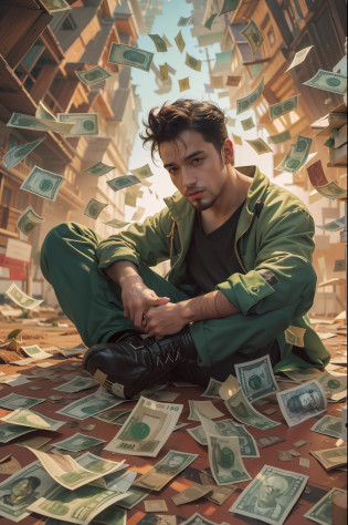painting of a man sitting on the ground with money falling from his arms, rob rey, plutocracy, by Ludwik Konarzewski Jr, cyril rolando and m. w kaluta, cyril rolando and m.w kaluta, adolf wolfli and donato giancola, by Sam Spratt, wadim kashin. ultra realistic