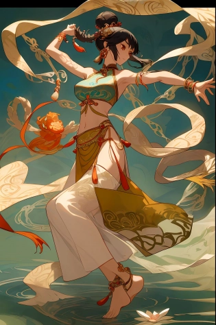 Inspired by Dunhuang Flying Apsaras mural, an ancient Chinese beauty stands and dances on the water, gorgeous Dunhuang costumes are embroidered with intricate embroidery, flowing tulle, transparent long colorful ribbons on the arms, navel exposed, shoulders exposed, and neck exposed , black curly hair in a high bun with flower hairpins, streamers on the arm rings, wreath rings, bracelets, anklets, metal chain tassels on the waist, Mogao Grottoes art, ink painting, cgstation fashion