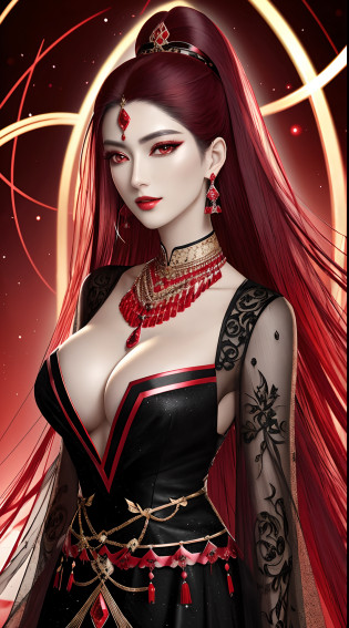 Xianxia, Ultra detailed beautiful woman, voluminous breasts, of a 25-year-old woman, Stunningly beautiful, black-red hair, (black-red hair), straight hair, black eyes, Her entire head is visible with hair, red necklace made of precious stones, earings, Dark red eyeshadow and eyeliner, very long eyelashes, black-red long dress, Stunningly beautiful face, Focus on the face, holographic, light particles, ultra detailed illustration, hit definition, Very bold and bright colors, 32K resolution, Best Quality, voluminous lighting, 