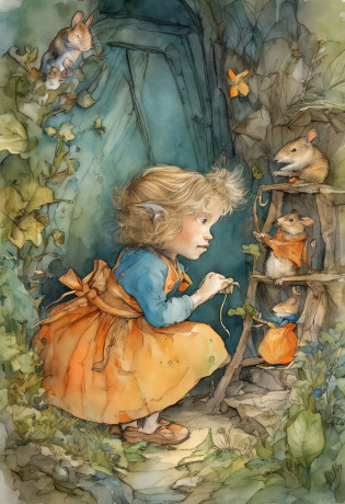 comi? style, painted in vivid watercolor, Bipedal mouse, ropa linda, ojos verdes, naranja, azul. amarillo, extremadamente detallado, Altamente detallado, obra maestra, Fondo de cuento de hadas, wonderland, Dynamic colors, Luz de cuento de hadas, por beatrix potter y Jean-Baptiste Monge, 32K UHD