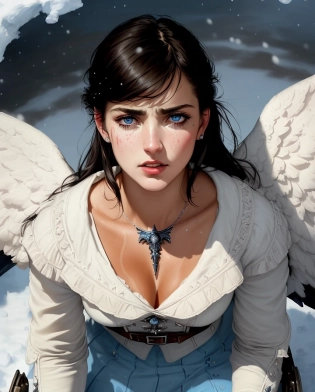 8k pinup of the most defiant Napoleonic angel in the world, ((extreme close up:1. 6)), ((fisheye lens)), ((eye focus)), (8k, RAW photo, best quality, masterpiece:1. 2), (realistic:1. 3), (photorealistic:1. 3), ultra-detailed, (high detailed skin:1. 5), 8k uhd, dslr, soft lighting, high quality, film grain, Fujifilm XT3, best quality, beautiful lighting, extremely detailed, hyper detailed, revolutionary French angel kneeling on a battlefield, ((kneeling)), corneo_runny_makeup, (angry tears), (blood spatter), muddy clothes, ((angel)), ((19th century weapons)), ((neo classicism digital painting)), ((tanned skin:1. 2)), (ancient jewelry), (((Feathery angel wings))), ((angelic white uniform)), blue Napoleonic war ornaments, ((Napoleonic France uniform)), ((skirt)), (cleavage), ((French cloth patterns)), ((white cloth:1. 3)), (blush), (black hair:1. 3), ((long hair)), (bangs), (hair bun), ((blue eyes)), ((detailed symmetrical face)), (pretty face), reflective eyes, (proportional eyes), same eye color for both eyes, (toned), ((angry eyebrows)), ((angry crying)), ((snarling mouth)), ((curled lip:1. 2)), ((rim lighting)), dramatic lighting, realistic skin, ((french type of face)), ((french battlefield), ((19th century artillery)), ((black smoke)), (fire), ((craters)), warfare, ((godrays)), (lens flare), (volumetric lighting), ((cold blue sky)), ((falling snow)), blizzard, ((ruined napoleonic battlefield)), ((from above:1. 4)), professional majestic impressionism oil painting by Waterhouse, John Constable, Ed Blinkey, Atey Ghailan, by Jeremy Mann, Greg Manchess, Antonio Moro, trending on ArtStation, trending on CGSociety, Intricate, High Detail, dramatic, trending on artstation, trending on CGsociety,