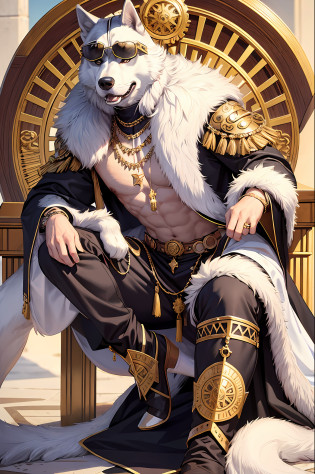 masterpiece, best quality, realistic, fashion husky, husky, dog head, glasses on the head, gear, gemstones, sunglasses, gold, jewelry, magic circle, male_focus, pants, shoes, sunglasses, tassels, throne,