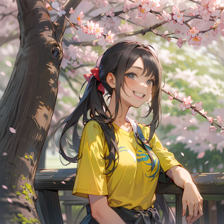 ((masterpiece,bestquality)),1girl,solo,longhair,ponytail,highponytail,blackhair,browneyes,upperbody,smile,cherryblossoms,outdoors,park,yellowt-shirt,t-shirt,redribbon,fromabove,dutchangle,fromside,lookingatviewer,