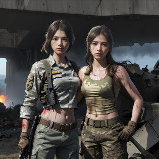 17 year old girl in beautiful Japan of Self-Defense Forces fighting on the battlefield, light muscles, world war, modern war theme, army girl, rifle, (holding rifle: 1.3), (aiming and holding rifle: 1.3), soldier girl, infantry girl, shootout, air raid, air strike, military, camouflage uniform, burning vehicle, warzone, battlefield, war, ruins, explosion, burning city, smoke, ( helmet), torn tank top, belly button, gloves, torn military pants, face stained with mud and blood, sweaty skin, bloody skin, mud-stained skin, small, cleavage, sad expression of despair, painful expression, highest quality, ultra-high resolution, absurdity, realistic, physically based rendering, cinematic lighting, complex and cinematic appearance, cinematic soft light, soothing tone, battlefield background, urban war background, photorealistic, cowboy shot, dynamic angle