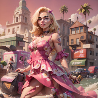 Margot Robbie as Barbie in the Fortnite Game Aesthetics, verstindo um vestido rosa com renda, sapatos de salto alto, segurando uma picareta rosa e uma pistola amarela, peitos pequenos, No hypersexualization, splash art oficial da barbie no fortnite, mapa do jogo fortnite como fundo.