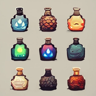 game sprite sheet of rpg potion flask icons, elemental effects, fantasy skill icons, game battle skills, health regen, collection sheet, effect, rpg, unity asset store 2D, rpg maker mv, 2d game sprite, collection sheet, low poly art --q 2