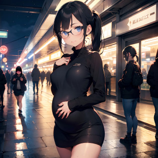 girl, petite, pregnant, 18 years old, black hair with ponytail, blue eyes, big glasses, nerdy, thin face, thin cheeks, nerdy, extremely thin, skinny, tiny breasts, flat breasts, thin waist, very thin legs, thin thighs , thighs apart, very short black dress, black fishnets, walking, train station, night, neon lights, wet clothes