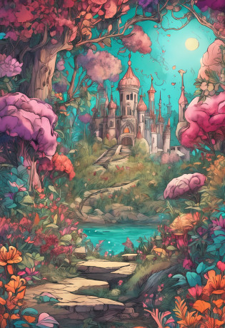 Fantasy forest in a wine glass, neonlight, Realistic, Glow?Manhwa Style, Paint with vivid watercolors , florals ?Colorful flowers ,extremely detaile, highly  detailed, tmasterpiece, Fairy tale background, in wonderland, Dynamic colors, Fairytale glow,