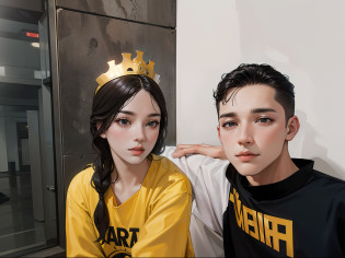 It's a man and a woman on display?The woman wears a crown on her head?The man opened his arms and wanted to hold the woman?Handsome?20yr old?white  shirt?Black pantsuit?Back head?Handsome?High value?tall nose bridge?largeeyes???????mixed race?large tall?black color hair?Brown eyes?Eye symmetry?Look at the girl??A woman wears a beautiful dress?Long hair black?Eye symmetry?largeeyes?Black eyes?There is a height difference