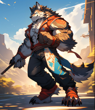 Furry muscular werewolf male in pants, furry art, muscular werewolf, high resolution committee, full body committee, furry anime, flesh art council, furry flsona, gorgeous werewolf flsona, furry, furry art, smile, sharp claws, two legs, human wolf, as characters in Tekken, furry characters, fleur art