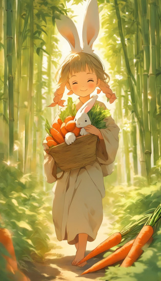 A little girl with rabbit ears holds a giant carrot?In the vegetable garden?The little boy carried a bamboo basket?The bamboo basket was filled with carrots?There are also some small white rabbits in the vegetable garden?Illustration Japanese manga style?The light is gentle?The little boy is full of energy?Japanese healing system