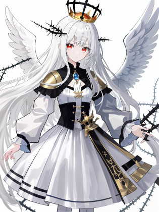 The is very detailed?bit girl?Poor milk?White color hair?Long hair?Red double eyes?Crown of thorns?Five pairs of white angel wings