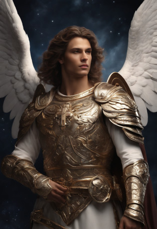 male character, Archangel Michael, Astronomical Imagery, intricate detailes, realist, Rosa and the Big Wings, Angelic background, Catholic illustration image of Archangel Michael, Male characters in the Bible, Michael wears angel armor, cosmic background, Archangel and background lighting, Full length of angel, Maximum detail and his angelic face and wings, Realistic perfect skin, The highest image quality, Miguel He is highlighted in the image with strong and flashy colors.