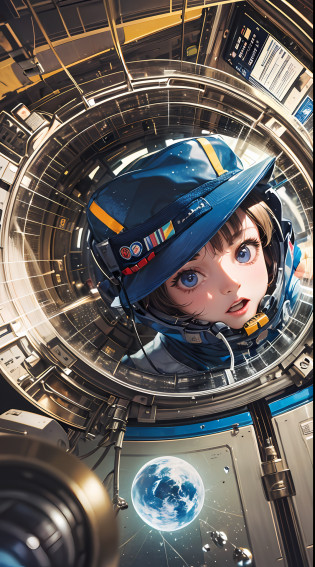 close-up photography of (Puppet Cat:1.2) (Walk in space:1.2),(c4ttitude:1.3),Inside the aircraft,hyper realistic,intricate detail,scifi,personification,Surprised,(wearing a spacesuit),(wearing an aerospace hat),in outer space,Touch water drop,gravity-free space,