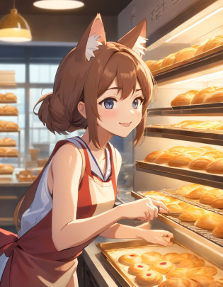 ((Cat's ears)),((Baseball hat)),((Sleeveless Baseball Uniforms)),A talented baker who meticulously forms the best dough for flaky pastries. The image is?Shows a well-equipped bakery with stainless steel countertops and a set of baking tools. Baker, Young man with radiant smile?Shishi Woman, Roll out the dough with a wooden rolling pin, Show off her expertise. The aroma of baked goods fills the air. In the background?Trays of golden croissants and delicately woven Danish pastries are chilled on racks. This photo is?Encapsulates the precision and skills required for the art of pastry making. photographed:Claire Ptak,
