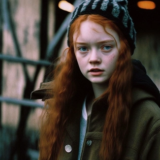 Sadie Sink as a shaman sorceress in 90's streetwear, fighting against eldritch tentacle demons, at night, urban horror, k�poszt�smegyer �jpest lak�telep, dark brutalist panel blockhouse eastblock street eastern europe poverty, liminal space, backrooms, black particles, tarot, arcanum, 80s vhs, risography rizo print, analogue old photography. --v 4