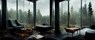 a beautiful 35mm footage of nordic forest interior design:: large Windows opening to a epic mythical European wilderness:: living room used by a four squarters who are survivors in a post-Apocalyptical world:: room has survivor backbacking gear, small arms. It is decoratdd antique and retro furniture and a is cosy and has a lit candle:: architecture render, atmospheric, cinematic, enscape, realistic, derelict :: eames, aalto, bokn�s, mies van rohe:: mythical forest creatures are hiding in the shadows of the overgrowth forest, some with elk horns, there may be grey bolders, stones, everything is worn, lingering fog, fireflies, small stream or pond, �w 600 --uplight
