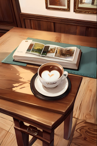 there is a cup of coffee on a saucer with a book on the table, a photorealistic painting by L�szl� Balogh, instagram, baroque, latte art, cafe, sitting on a mocha-colored table, cappuccino, arabica style, instagram post, ad image, coffee art, highly detailed vfx espresso, instagram photo, ? on the table
