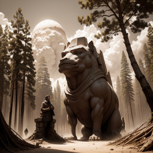(extremadamente detallado, obra maestra, La mejor calidad, Tono sepia), un hombre con un hacha camina por un bosque. meteorito en el suelo, Giant crater. burned trees. Soviet sculpture in ruins. Daytime Lighting.
