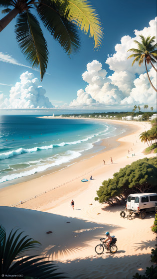 there is a bike parked on the beach next to palm trees, beach in the foreground, beach trees in the background, by Romain brook, in a beachfront environment, sunny day at beach, sandy beach, playing soccer at the beach, playing soccer on the beach, the beach, beach is between the two valleys, near the beach, by N�ndor Katona