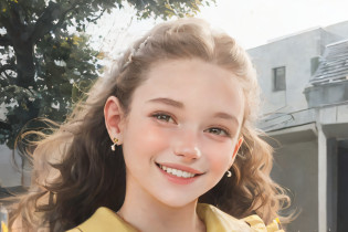 Smiling girl with a yellow shirt and earrings holding a glass of wine, Portrait Sophie Mudd, taken in the early 2020s, belle et souriante, Valentina Shuffle, girl with a pearl earring, avec un beau sourire, 1 6 ans, high quality portrait, Kailee Mandel, une belle adolescente --auto