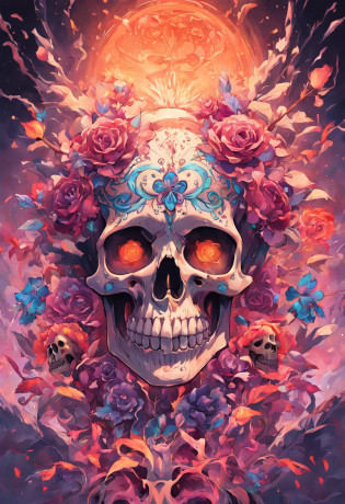 a close up of a skull with a flower on its head, fantasy skull, scary detailed art in color, scary color art in 4 k, sacred skull, conjuring psychedelic background, detailed digital artwork, calavera, sacred skulls, psychedelic illustration, sugar skull, skull face, death skull, scary art in color, skull liminal void background, psychedelic art style