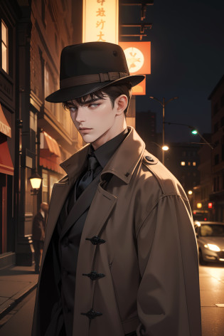 masterpiece, best quality, realistic, 1man, mature male, quiet and charming young man, 25 years old, close his eyes, serious look, extremely detailed face, ((dark grey eyes)), ((short-right-swept dark brown hair)), [thick eyebrows], detective, int the city, ((Dressed in a classic overcoat and fedora hat)), cinematic lighting, looking at the audience, posture dynamics,