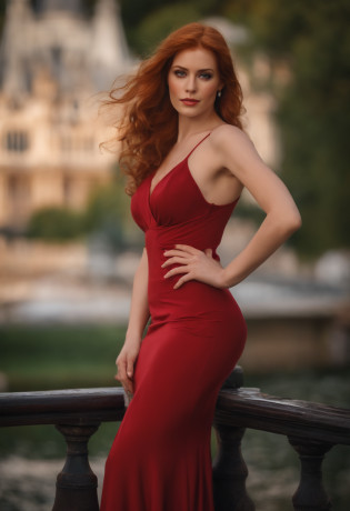 professionnel, (Photo 4K:1.1) par (Jeremy Lipking:0.3), (Dittmann Anna:0.3), (jiner:0.3), (mise au point nette:1.3), High detail, Porter (Chemise moulante:1.2), beautifull detailed face, An attractive woman with long red hair looks at the camera, resembling actress Katherine McNamara, Panasonic Lumix S Pro 50mm F/1.4, Anne Stokes, splash of color, dark orange and dark emerald, Ferrania P30, photo realist, (attractive young woman:1.3), (Seductive:1.1), (rougissant:1.1), Forme du corps du sablier, Gros seins ronds, hanches larges, in the background city, Prendre un selfie, Wear a red evening dress