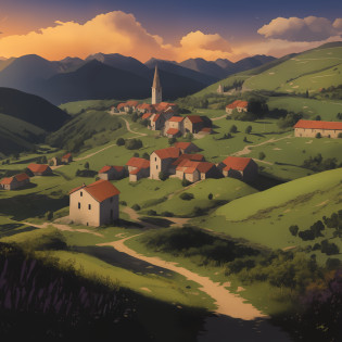 montanhas e campos com uma igreja e um caminho que leva a eles, paisagem campestre anime, Fundo distante da aldeia, Aldeias ? Motor irreal, uma bela paisagem, Paisagem francesa medieval, Arte bonita UHD 4K, 8k arte detalhada de alta qualidade, cena da cidade do campo, Vale encantador, Rural area, Arte de fundo, papel de parede bonito, Arte digital altamente detalhada em 4k, exterior da vila francesa