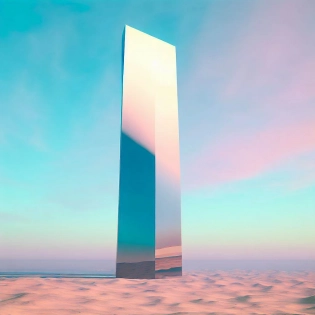 a ((mirror)) monolith standing in the desert, light blue and pink sky, surreal, digital art, photorealistic
