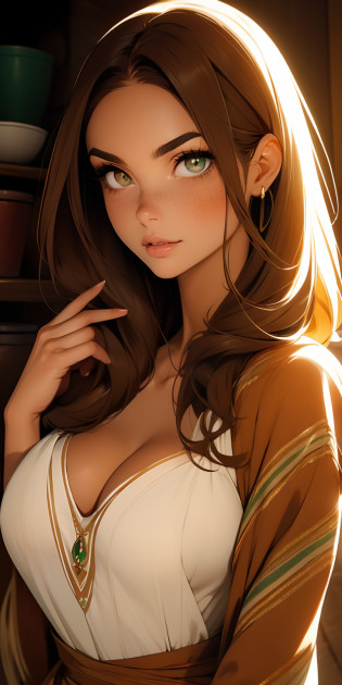 Luma es una persona elegante, ella es hermosa y tiene una postura fuerte, She has breasts that have a voluminous proportion, cuerpo exuberante perfecto, cuerpo tonificado, Una silueta femenina de pera, brown-hair, Long brown hair, Tiene ojos expresivos, ( Solo ojos verde oliva) Her skin is fair and she has some light freckles on her cheekbones, tetona, granja, Brown rustic clothing, Ropa boho, Ropa de moda granja Boho, romantic vibes, Luces de fuego, El fuego brilla, Las flores visten el cabello para que sea mitad liso y mitad con puntas rizadas de dibujos animados
