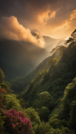 Alafid view of a mountain of trees and a cloud, Made up of trees and a valley of fantasy, Stunning landscape images, National Geographic, Indonesia, Eric Pevernagy, The trend is 5 0 0 pixels, The trend is 500 pixels, Complex and epic composition, Volcanic landscape, Author: Patrick Cheng, Mark Adamus, lpoty, Glamorous and otherworldly, chiaroscuro, cinematic lighting, sparkle, ray tracing, chromatic aberration abuse, Fujicolor, f/1.2, f/16, 135mm, Hasselblad, Sony FE GM, UHD, retina, masterpiece, ccurate, anatomically correct, high quality, high details, super detail, award winning, best quality, highres, 8k
